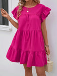 SHEIN Holidaya Women Summer Solid Color Round Neck Loose Babydoll Dress With Ruffle Trim