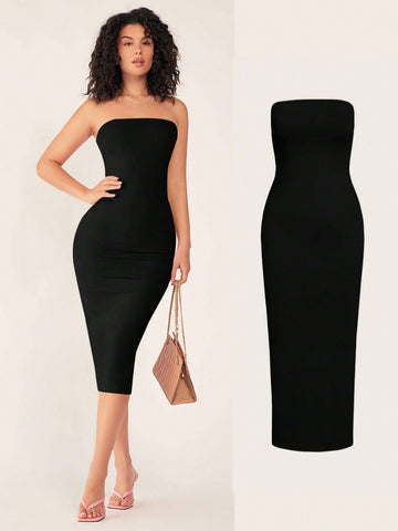 SHEIN BASICS Women'S Strapless Slim Fit Bodycon Casual Dinner Dress