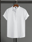 Manfinity Homme Men's Half Button Short Sleeve Shirt , Slim Fit Up Plain All White Casual - MapleCo