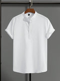 Manfinity Homme Men's Half Button Short Sleeve Shirt , Slim Fit Up Plain All White Casual - MapleCo