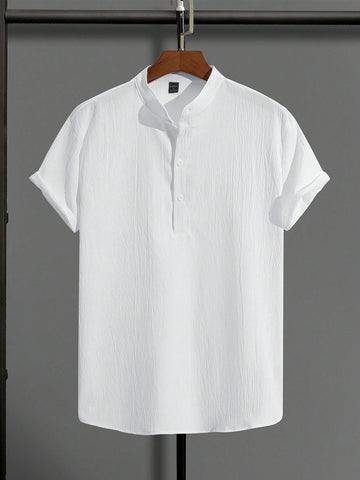 Manfinity Homme Men's Half Button Short Sleeve Shirt , Slim Fit Up Plain All White Casual - MapleCo