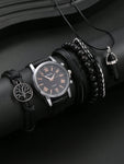 6pcs/Set Fashionable Life Tree Pu Leather Beaded Bracelet Quartz Watch Hexagonal Column Pendant Necklace Black Tone Men's Daily Wear Dating Gift Set Boyfriend Father Friend Fashion Accessories Set - MapleCo