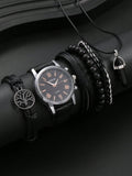 6pcs/Set Fashionable Life Tree Pu Leather Beaded Bracelet Quartz Watch Hexagonal Column Pendant Necklace Black Tone Men's Daily Wear Dating Gift Set Boyfriend Father Friend Fashion Accessories Set - MapleCo