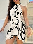 Women Vacation Leisure Random Printed Asymmetrical Hem Halterneck Dress