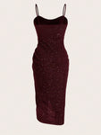 SHEIN Belle Burgundy Red Sequin Bodycon Dress With V-Neck, Backless, Ruffled, Slit And Spaghetti Straps