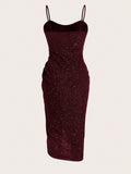 SHEIN Belle Burgundy Red Sequin Bodycon Dress With V-Neck, Backless, Ruffled, Slit And Spaghetti Straps