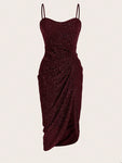 SHEIN Belle Burgundy Red Sequin Bodycon Dress With V-Neck, Backless, Ruffled, Slit And Spaghetti Straps