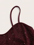 SHEIN Belle Burgundy Red Sequin Bodycon Dress With V-Neck, Backless, Ruffled, Slit And Spaghetti Straps