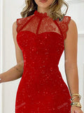 Fashion Sexy Glitter Sequin Lace Panel Bodycon Sleeveless Dress