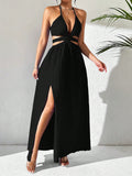 SHEIN Holidaya Women Deep V-Neck Hollow Out Slit Solid Color Party Dress With Halter