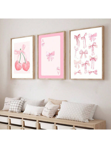 3pcs/Set Frameless Fashionable Pink Bowknot Wall Art, College Poster, Dorm Decor, Watercolor Bowknot Print, Quirky Room Decor, Girls Wall Art, Pink Girls Canvas Painting Wall Art Poster