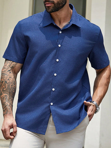 Manfinity Homme Men Plus Size Summer Solid Color Casual Commuting Short-Sleeved Shirt - MapleCo