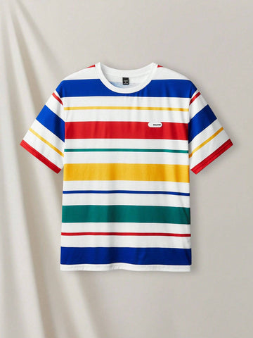 Manfinity UrbanChill Men Color Block Striped Short-Sleeved T-Shirt With Letter Logo, Casual Summer Outfit