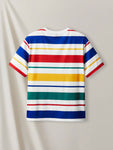 Manfinity UrbanChill Men Color Block Striped Short-Sleeved T-Shirt With Letter Logo, Casual Summer Outfit