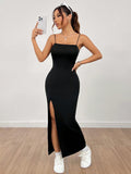 SHEIN PETITE Women's Solid Color High Slit Strap Black Long Dress Dress