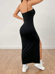 SHEIN PETITE Women's Solid Color High Slit Strap Black Long Dress Dress