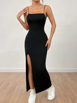 SHEIN PETITE Women's Solid Color High Slit Strap Black Long Dress Dress