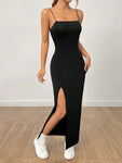 SHEIN PETITE Women's Solid Color High Slit Strap Black Long Dress Dress