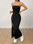 SHEIN PETITE Women's Solid Color High Slit Strap Black Long Dress Dress