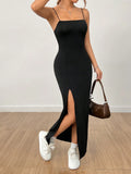 SHEIN PETITE Women's Solid Color High Slit Strap Black Long Dress Dress