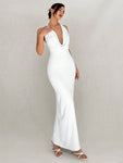 Aloruh Simple And Elegant Draped Neck Backless Long White Dress For Women Ball Party