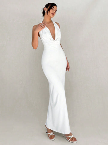 Aloruh Simple And Elegant Draped Neck Backless Long White Dress For Women Ball Party