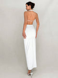 Aloruh Simple And Elegant Draped Neck Backless Long White Dress For Women Ball Party