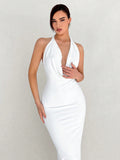 Aloruh Simple And Elegant Draped Neck Backless Long White Dress For Women Ball Party