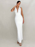 Aloruh Simple And Elegant Draped Neck Backless Long White Dress For Women Ball Party