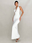 Aloruh Simple And Elegant Draped Neck Backless Long White Dress For Women Ball Party