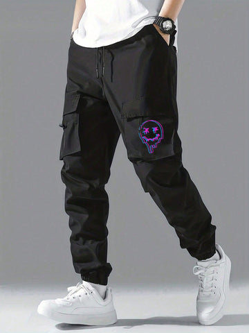 Men's Drawstring Cuff Cargo Pants With Smiling Face Print - MapleCo