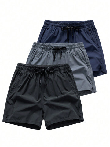 3pcs Men's Solid Color Printed Zipper Elastic Sports Waterproof Quick-Drying Ice Silk Shorts