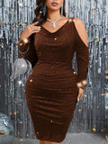 SHEIN Privé Plus Size Women's Off-Shoulder Glitter Bodycon Dress