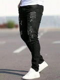 Manfinity LEGND Men Ripped Frayed Skinny Jeans, Plain Dark Blue Slim Fit Long Cargo Jeans, For Husband, Boyfriend Gifts