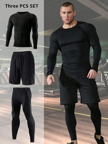 3pcs Men's Quick-Drying Compression Workout Gym Basketball Running Long Sleeve T-Shirt, Leggings, And Shorts Sports Set