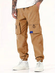 Men Letter Patched Detail Flap Pocket Drawstring Waist Cargo Pants - MapleCo