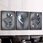 3pcs/Set Heart Abstract 3D Effect Wall Art Canvas, Romantic Hug Couple Bronze Canvas For Modern Home Decor. Ink Cores Drawing Abstract Metal Figure Sculpture Canvas Painting, Suitable For Living Room, Bedroom, Office, Kitchen, Cafe, Waterproof, No Frame. - MapleCo