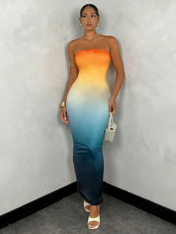 SHEIN BAE Summer Maxi Gradient Printed Strapless Bodycon Dress, Perfect For Music Festival And Date Night, As Well As Vacations.