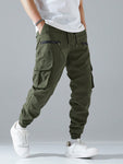 Manfinity Loose Fit Men's Cargo Trousers With Flap Pocket Design Side Drawstring Waist Long Plain Black Going Out