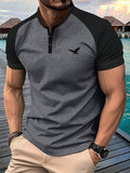 Summer New Casual Men's Short Sleeve T-Shirt With Henley Neckline, American Style Printing For Travel/Holiday/Outdoor Camping, Regular Plus Size Clothing