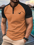 Summer New Casual Men's Short Sleeve T-Shirt With Henley Neckline, American Style Printing For Travel/Holiday/Outdoor Camping, Regular Plus Size Clothing