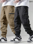 2pcs Men's Casual Basic Cargo Pants, Comfortable And Versatile - MapleCo