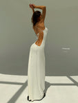 Aloruh White Backless Spaghetti Strap Tight Deep Draped Neck Long Dress For Women