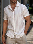 Manfinity CasualCool Manfinity CasualCool Men's Linen Striped Short-Sleeved Shirt For Daily Commute In Summer - MapleCo