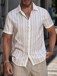 Manfinity CasualCool Manfinity CasualCool Men's Linen Striped Short-Sleeved Shirt For Daily Commute In Summer - MapleCo