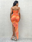 Firerie Summer Women Elegant Holiday Beach Romantic Date Orange Ombre Mesh See-Through Pleated Asymmetrical Hemline Strapless Tube Midi Dress