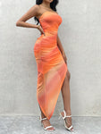 Firerie Summer Women Elegant Holiday Beach Romantic Date Orange Ombre Mesh See-Through Pleated Asymmetrical Hemline Strapless Tube Midi Dress