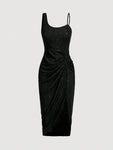 SHEIN Raffinéa Asymmetrical Spaghetti Strap Backless Metallic Glitter Slim Fit Black Dress With Wrinkles, Slit And Bodycon Design For Women