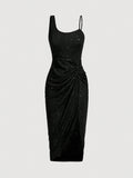 SHEIN Raffinéa Asymmetrical Spaghetti Strap Backless Metallic Glitter Slim Fit Black Dress With Wrinkles, Slit And Bodycon Design For Women