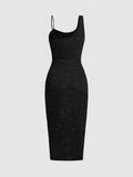 SHEIN Raffinéa Asymmetrical Spaghetti Strap Backless Metallic Glitter Slim Fit Black Dress With Wrinkles, Slit And Bodycon Design For Women